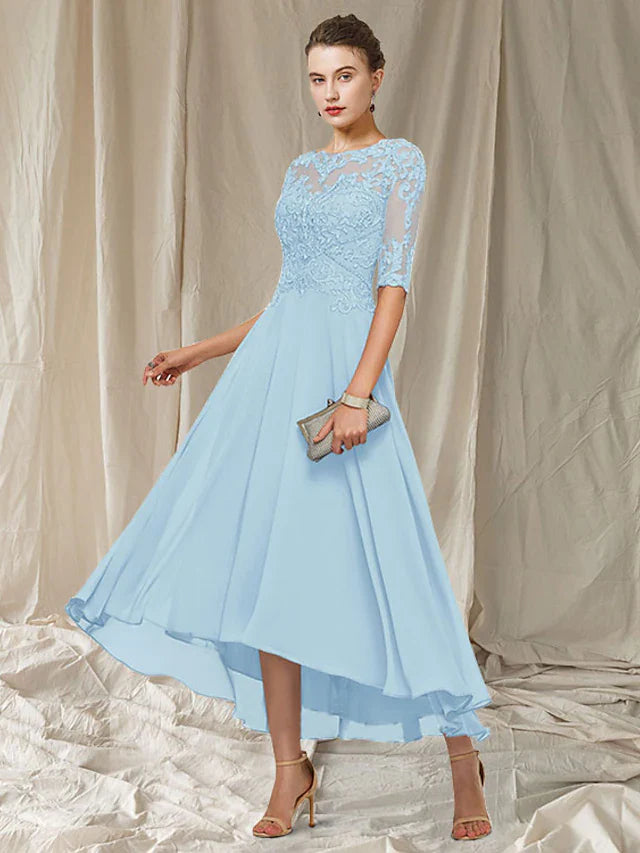Wholesale A-Line Mother of the Bride Dress Elegant Jewel Neck Asymmetrical Ankle Length Chiffon Lace Half Sleeve with Pleats Appliques