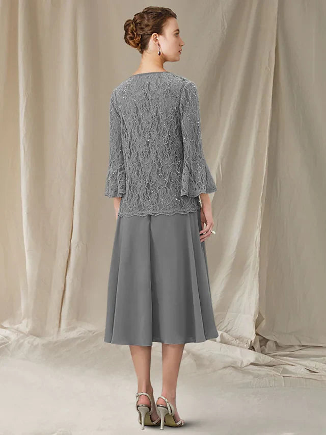 Wholesale Two Piece A-Line Mother of the Bride Dress Elegant Jewel Neck Tea Length Chiffon Lace Sleeveless with Sequin