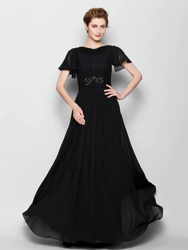 Wholesale A-Line Mother of the Bride Dress See Through Bateau Neck Floor Length Chiffon Short Sleeve with Beading