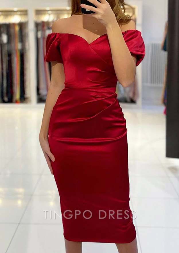 TingPo Wholesale Sheath/Column Off-the-Shoulder Short Sleeve Tea-Length Satin Prom Dress With Pleated