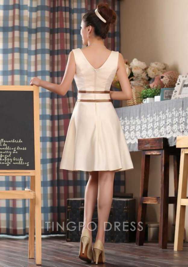 TingPo Wholesale A-line/Princess V Neck Sleeveless Knee-Length Satin Bridesmaid Dress With Bowknot Pleated