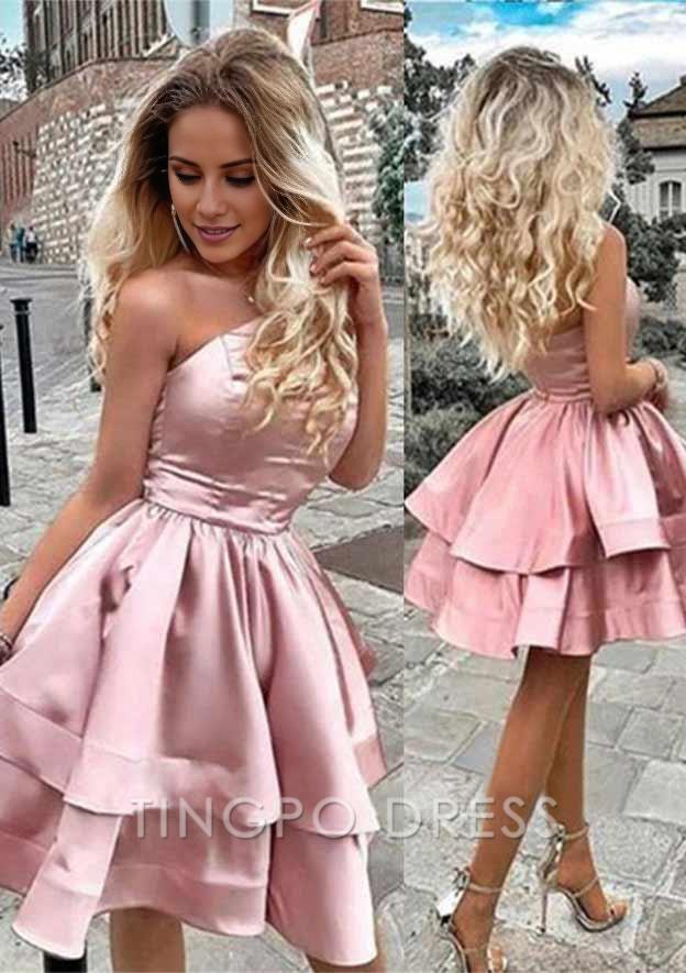 TingPo Wholesale A-line Princess One-Shoulder Sleeveless Short/Mini Satin Homecoming Dress with Ruffles