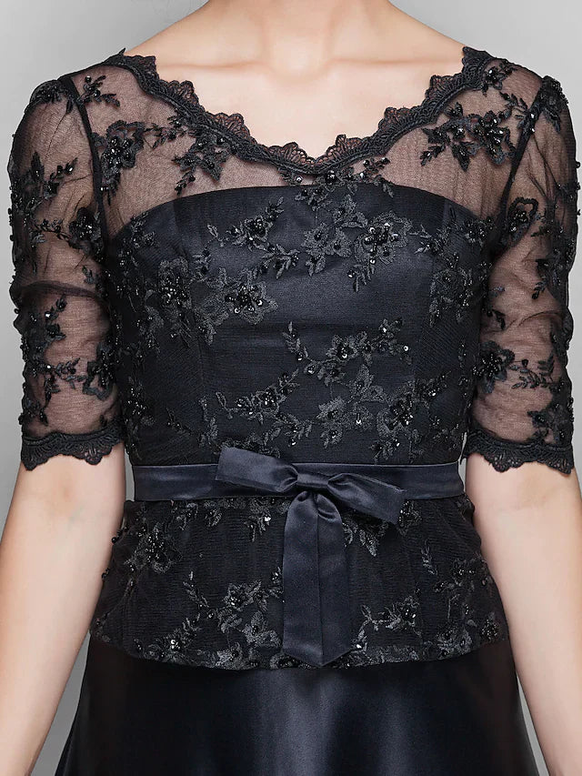Wholesale A-Line Mother of the Bride Dress See Through V Neck Floor Length Lace Satin Half Sleeve with Lace Bow(s) Beading
