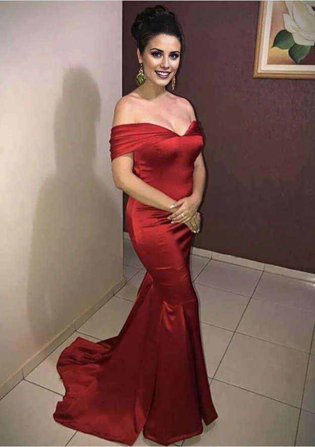 TingPo Wholesale Trumpet/Mermaid Off-the-Shoulder Sweep Train Satin Prom Dress With Pleated