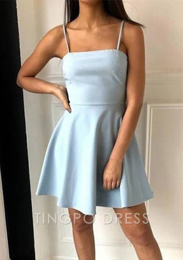 TingPo Wholesale A-line Square Neckline Sleeveless Short/Mini Elastic Satin Homecoming Dress with Bowknot