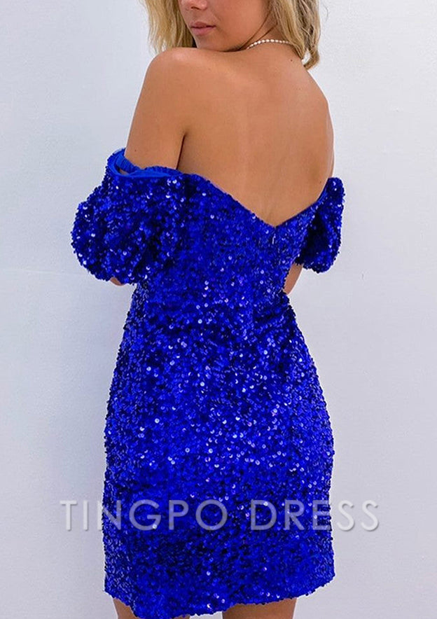 TingPo Wholesale Sheath/Column Off-the-Shoulder Short Sleeve Sequined Short/Mini Homecoming Dress