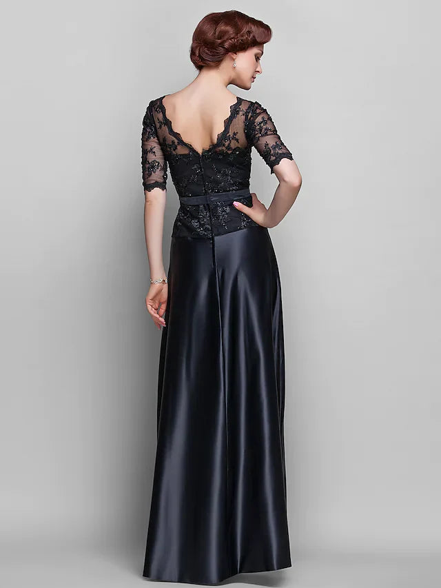 Wholesale A-Line Mother of the Bride Dress See Through V Neck Floor Length Lace Satin Half Sleeve with Lace Bow(s) Beading