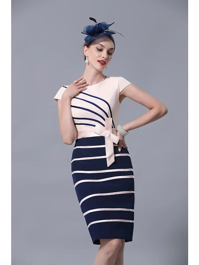 Wholesale Mother of the Bride Dress Elegant Jewel Neck Knee Length Satin 3/4 Length Sleeve with Sash Ribbon Bow(s)