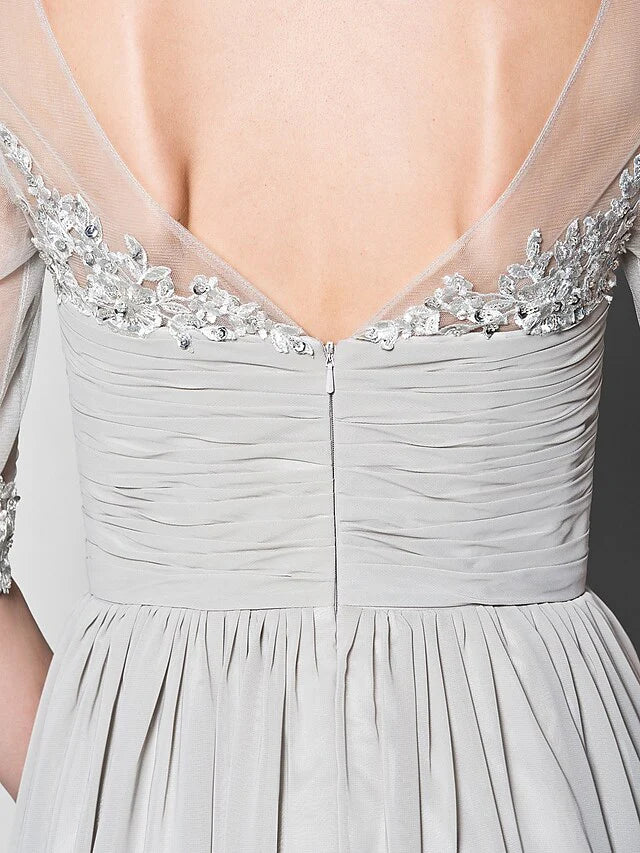 Wholesale A-Line Mother of the Bride Dress V Neck Floor Length Chiffon Tulle Half Sleeve with Ruched Beading Sequin