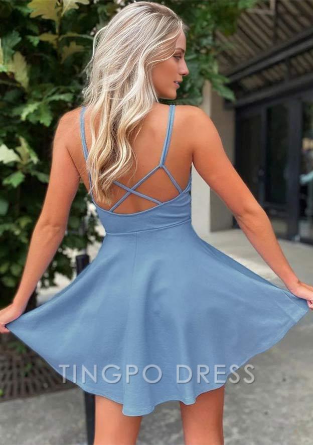 TingPo Wholesale A-line V Neck Sleeveless Short/Mini Charmeuse Homecoming Dress