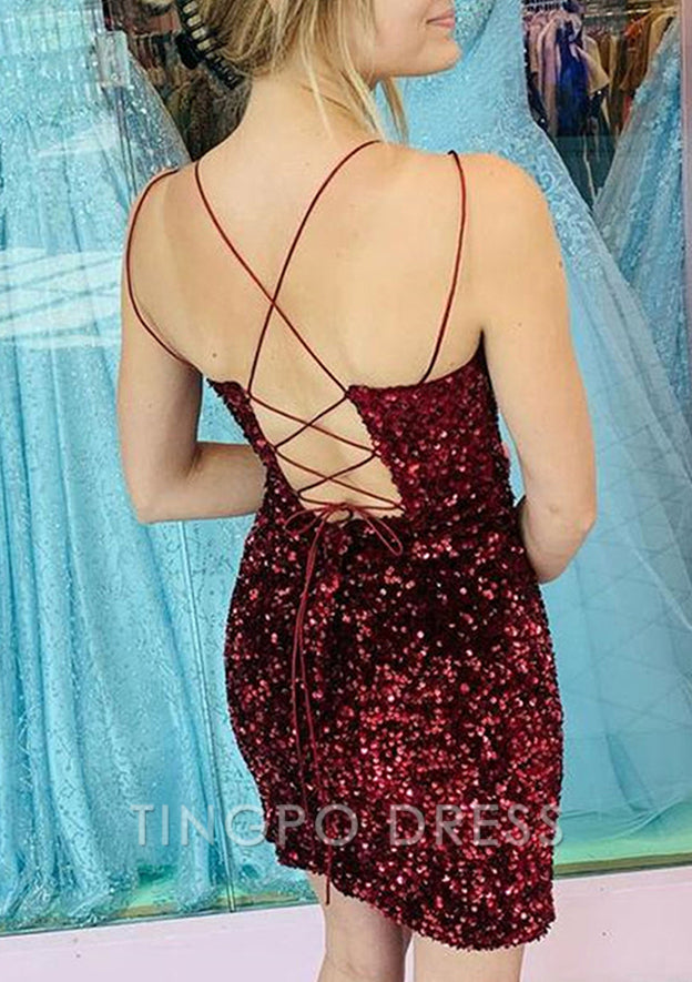 TingPo Wholesale Sequined Sheath/Column V Neck Short/Mini Homecoming Dress