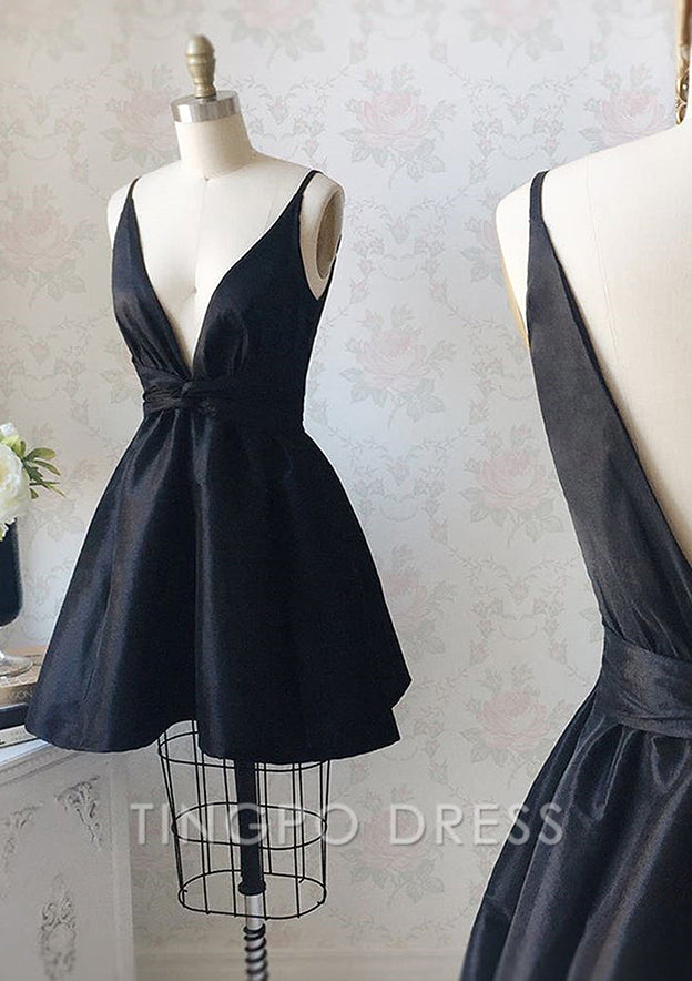 TingPo Wholesale A-line V Neck Sleeveless Taffeta Short/Mini Homecoming Dress With Ruffles