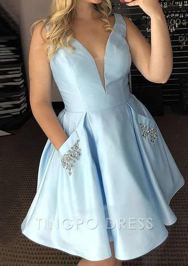TingPo Wholesale A-line V Neck Sleeveless Satin Short/Mini Homecoming Dress With Pockets Beading