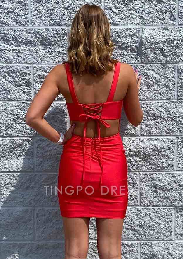 TingPo Wholesale Sheath/Column Square Neckline Sleeveless Short/Mini Elastic Satin Homecoming Dress with Pleated