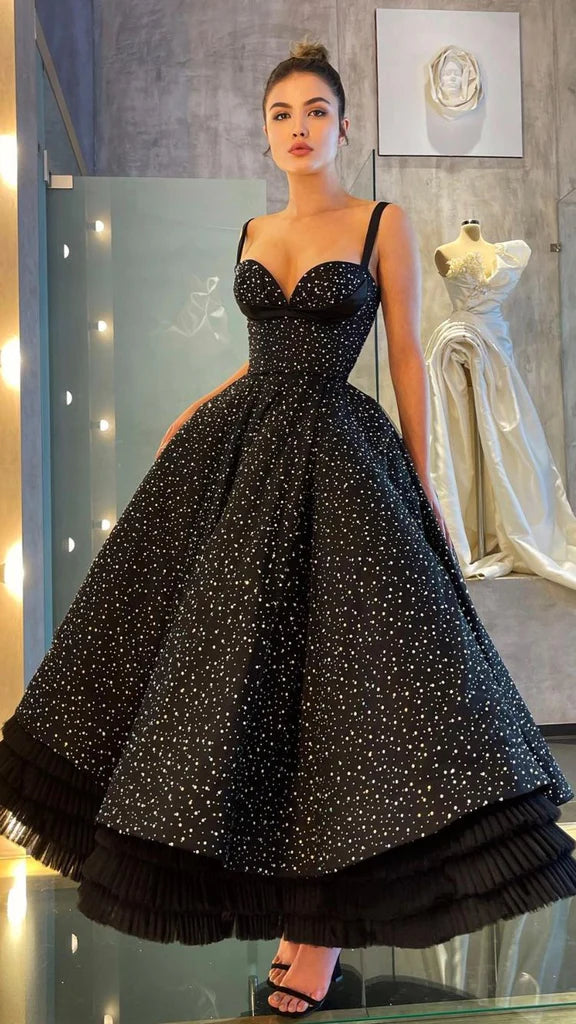 Wholesale A Line Black Ankle Length Evening Dresses Ruffles Prom Dress