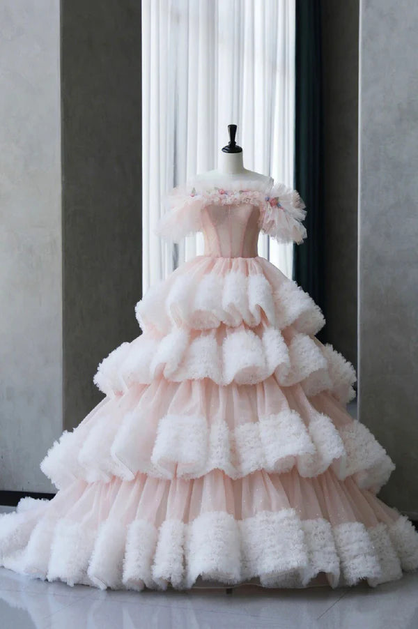 Wholesale Ball Gown Off Shoulder Pink Tulle Long Prom Dress Sweet 16 Dress