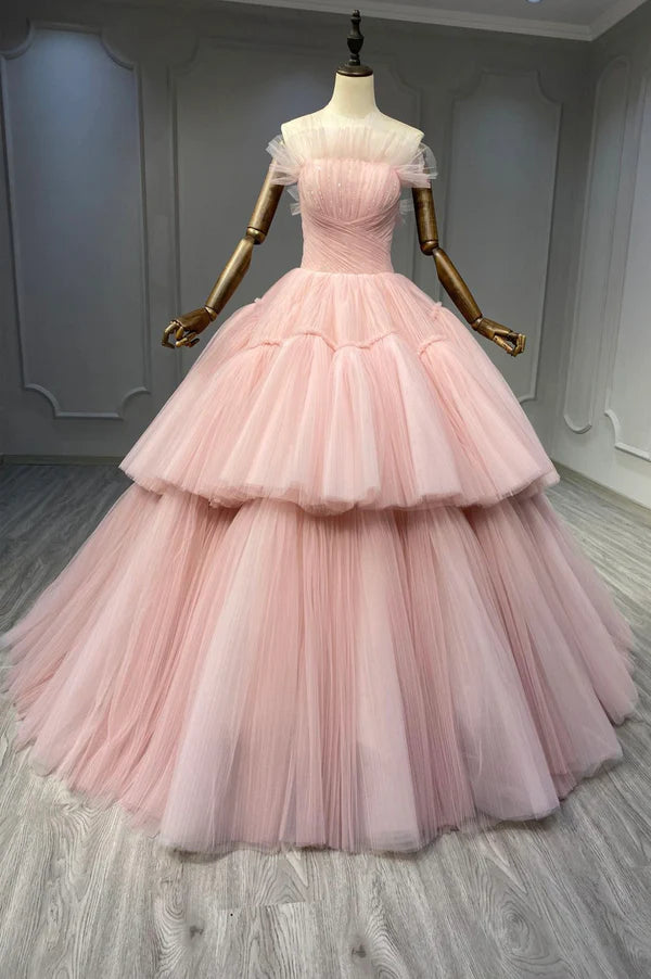Wholesale Ball Gown Pink Tulle Strapless Long Prom Evening Dress Pink Sweet 16 Dress