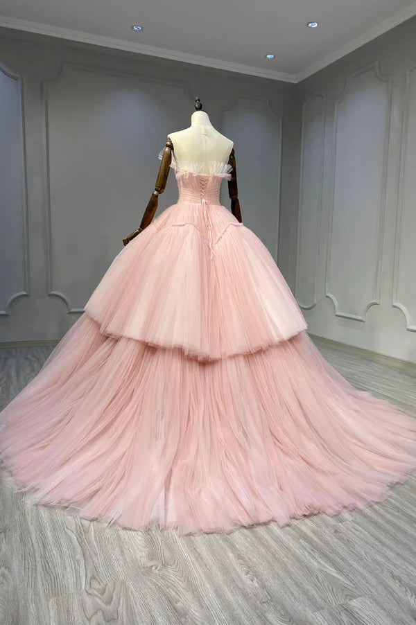 Wholesale Ball Gown Pink Tulle Strapless Long Prom Evening Dress Pink Sweet 16 Dress