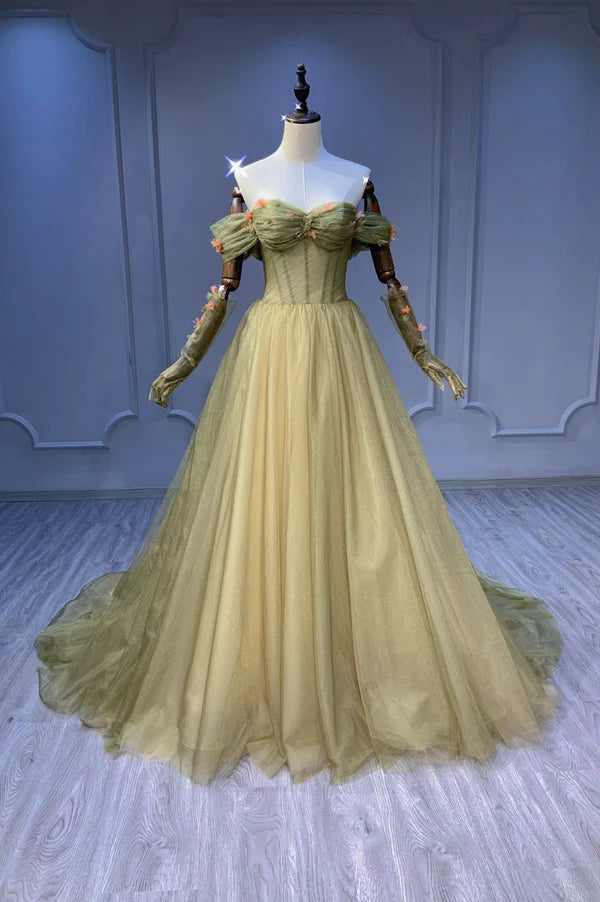 Wholesale Green Tulle Long Prom Dress Off the Shoulder Evening Graduation Dress