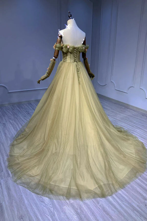 Wholesale Green Tulle Long Prom Dress Off the Shoulder Evening Graduation Dress