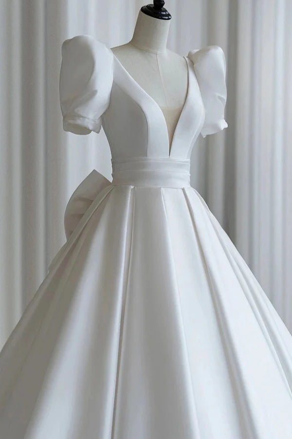 Wholesale A-Line V-Neck Satin Wedding Dress White Short Sleeve Bridal Gown with Bow