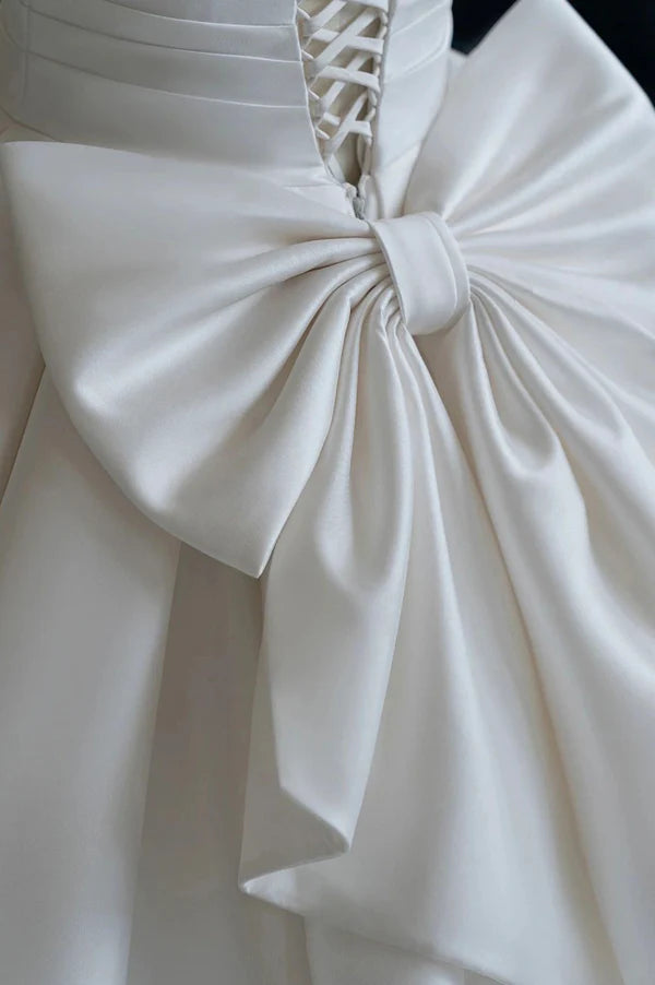 Wholesale A-Line V-Neck Satin Wedding Dress White Short Sleeve Bridal Gown with Bow