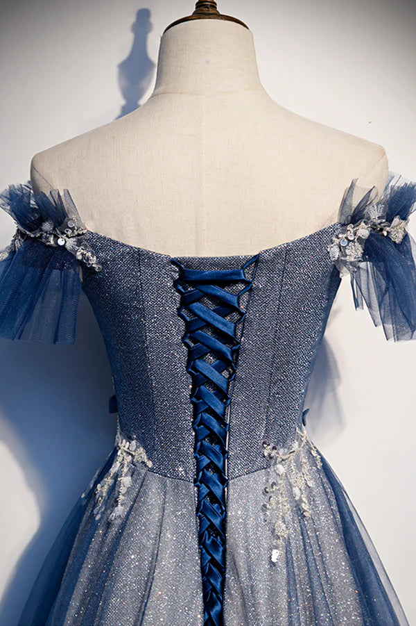 Wholesale Blue Tulle Long A-Line Prom Dress Off the Shoulder Evening Party Dress