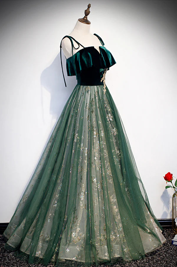 Wholesale Green Tulle Long A-Line Prom Dress Green Spaghetti Straps Graduation Dress