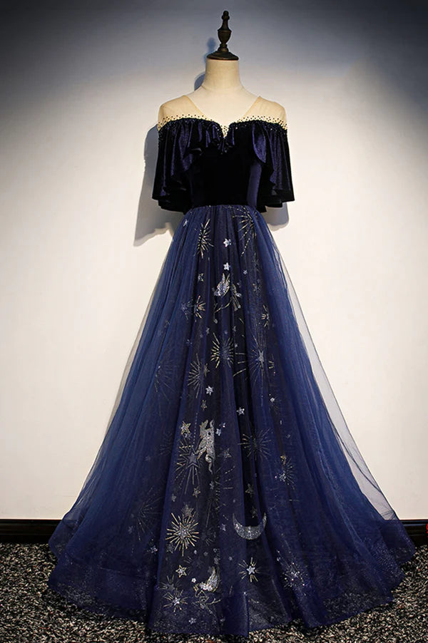 Wholesale Blue Velvet Tulle Long Prom Dress A-Line Blue Evening Party Dress