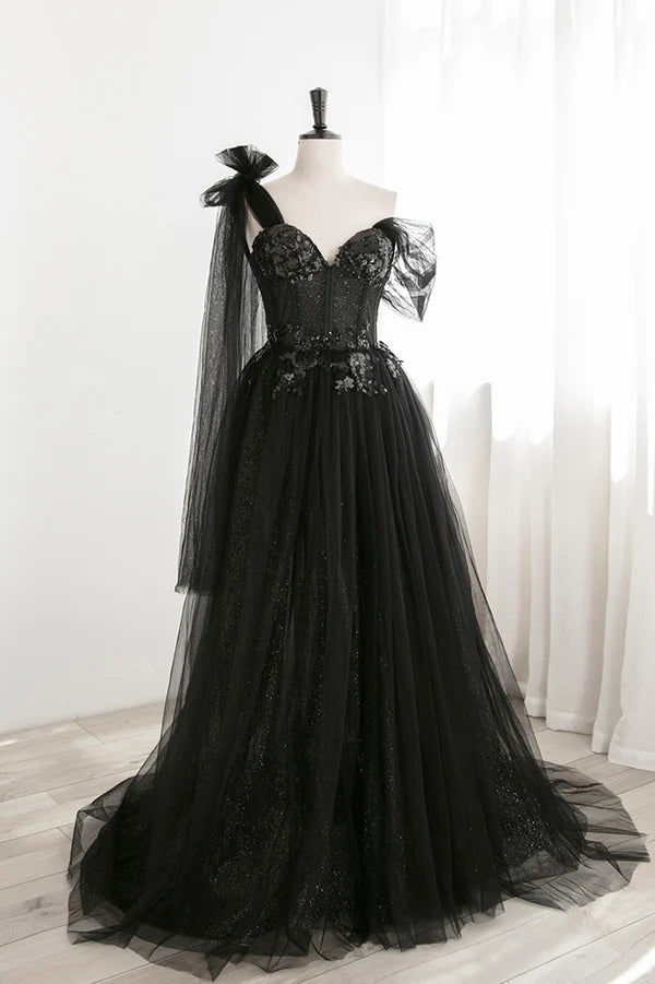 Wholesale Black Tulle Sequins Long Prom Dress Black One Shoulder Evening Dress