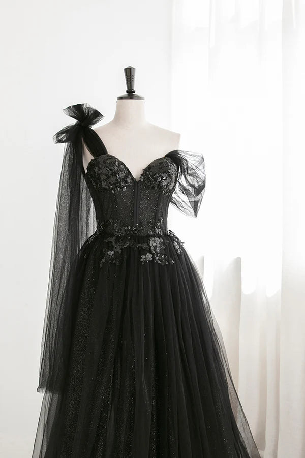 Wholesale Black Tulle Sequins Long Prom Dress Black One Shoulder Evening Dress