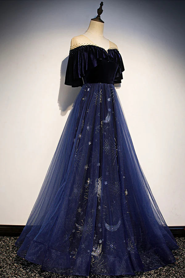Wholesale Blue Velvet Tulle Long Prom Dress A-Line Blue Evening Party Dress
