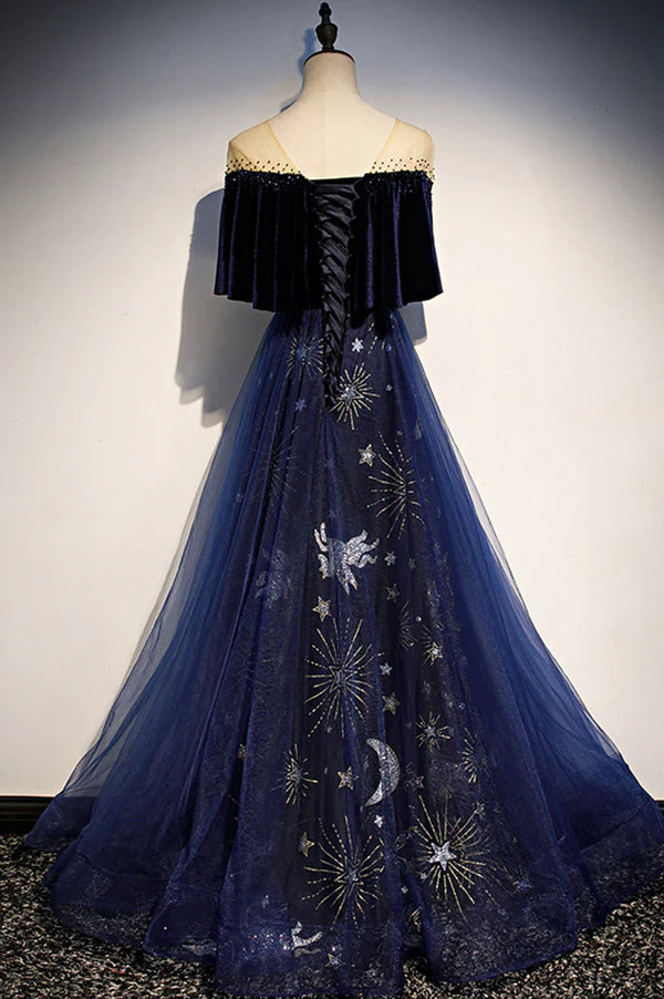 Wholesale Blue Velvet Tulle Long Prom Dress A-Line Blue Evening Party Dress