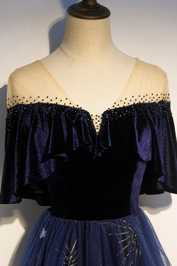 Wholesale Blue Velvet Tulle Long Prom Dress A-Line Blue Evening Party Dress