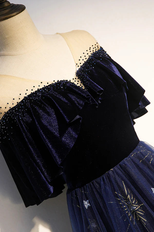 Wholesale Blue Velvet Tulle Long Prom Dress A-Line Blue Evening Party Dress