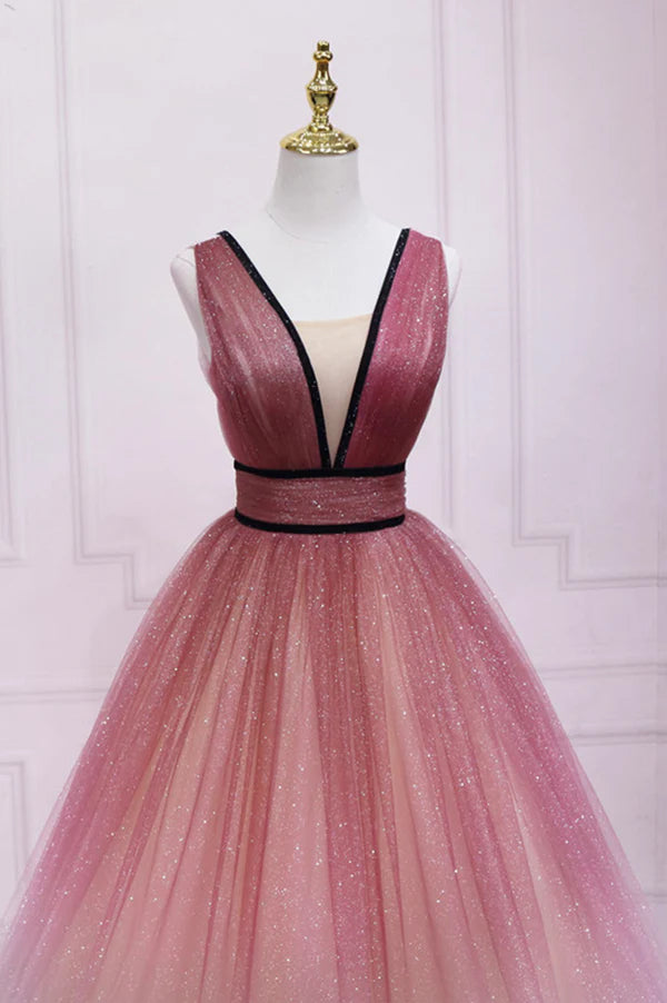 Wholesale Burgundy Gradient Tulle Long Evening Dress A-Line V-Neck Graduation Party Dress