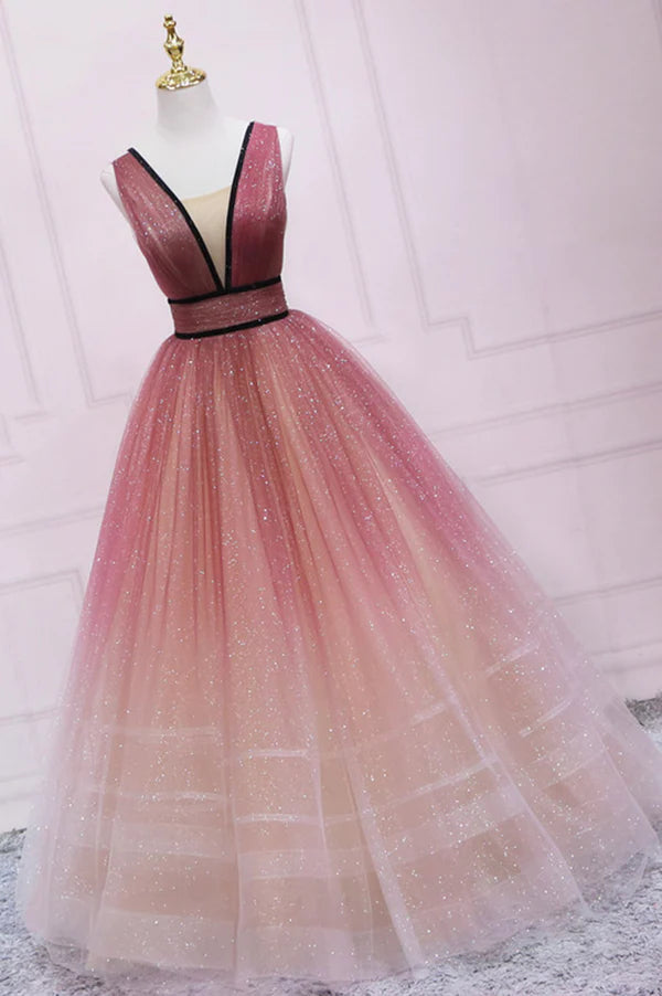 Wholesale Burgundy Gradient Tulle Long Evening Dress A-Line V-Neck Graduation Party Dress