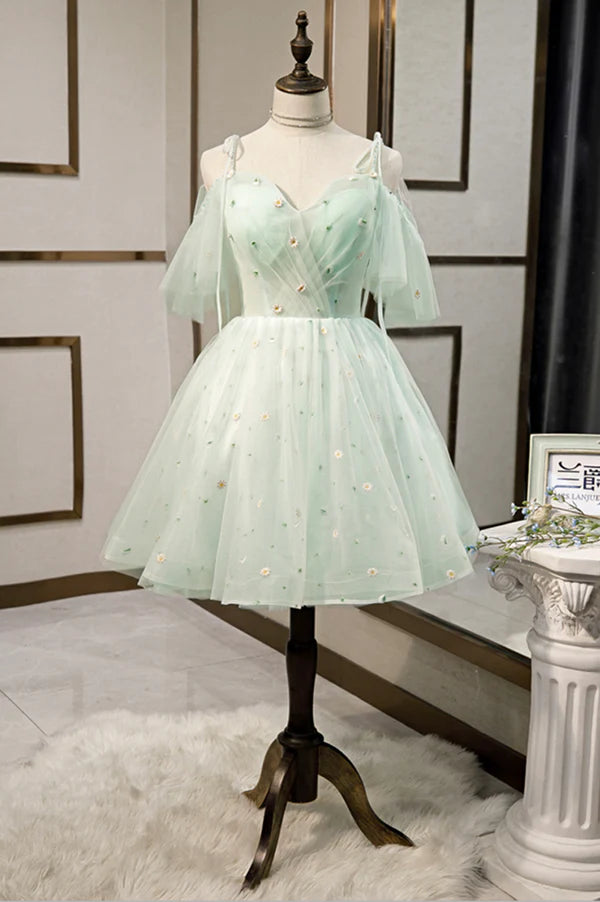 Wholesale Mint Green Tulle Lace Short Homecoming Dress A-Line Mini Party Dress