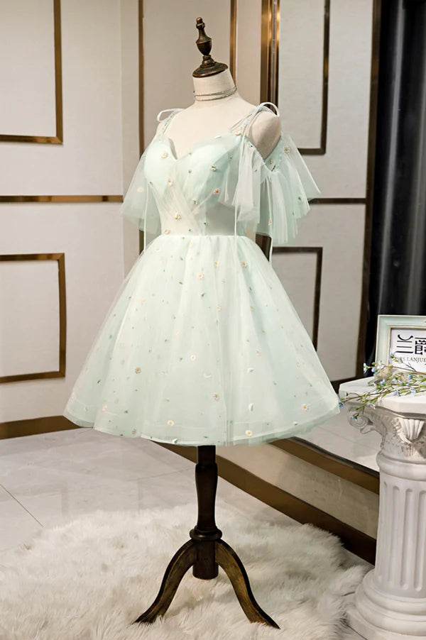 Wholesale Mint Green Tulle Lace Short Homecoming Dress A-Line Mini Party Dress