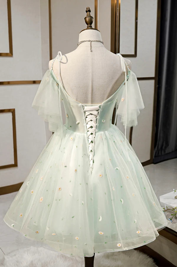 Wholesale Mint Green Tulle Lace Short Homecoming Dress A-Line Mini Party Dress