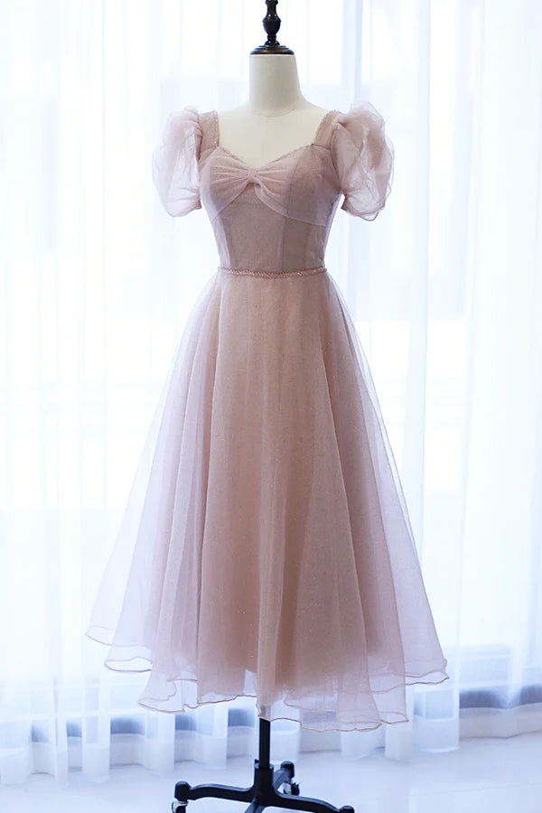 Wholesale Pink Tulle Short Prom Dress Cute Short Sleeve Party Dress
