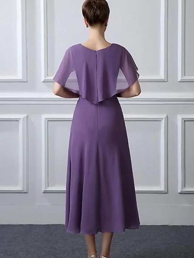 Wholesale A-Line Mother of the Bride Dress Plus Size Bateau Neck Tea Length Chiffon Short Sleeve with Ruffles Crystal Brooch Ruching