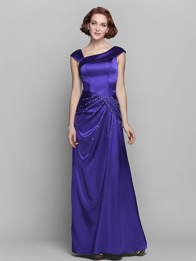 Wholesale Mother of the Bride Dress Elegant Off Shoulder Floor Length Stretch Satin Sleeveless with Beading Side Draping