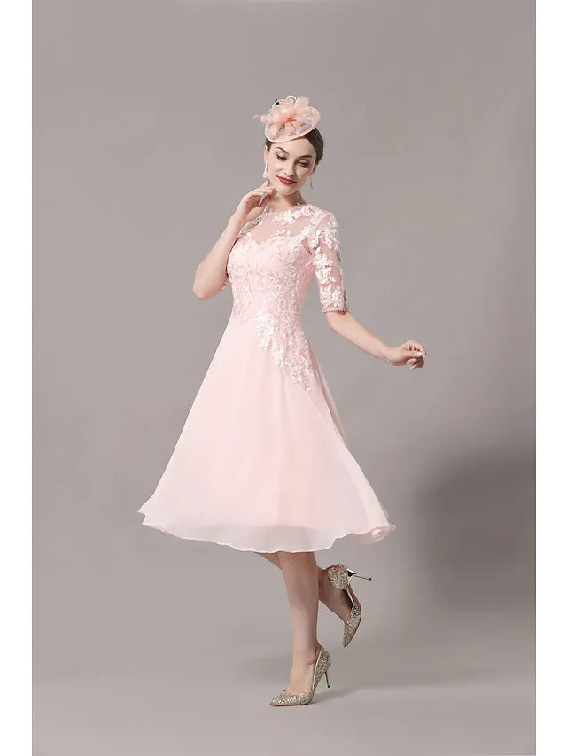 Wholesale A-Line Mother of the Bride Dress Elegant Illusion Neck Knee Length Lace Satin Half Sleeve with Pleats Appliques
