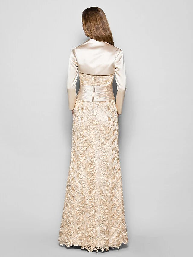 Wholesale Mother of the Bride Dress Wrap Included Sweetheart Neckline Floor Length Lace Satin 3/4 Length Sleeve with Sash Ribbon Ruched