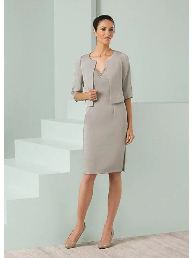 Wholesale Mother of the Bride Dress Wrap Included Plunging Neck Knee Length Satin Half Sleeve with Beading