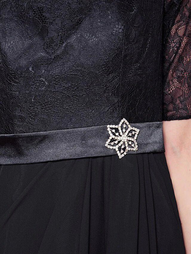 Wholesale A-Line Mother of the Bride Dress Jewel Neck Floor Length Chiffon Lace Half Sleeve with Lace Sash Ribbon Crystal Brooch