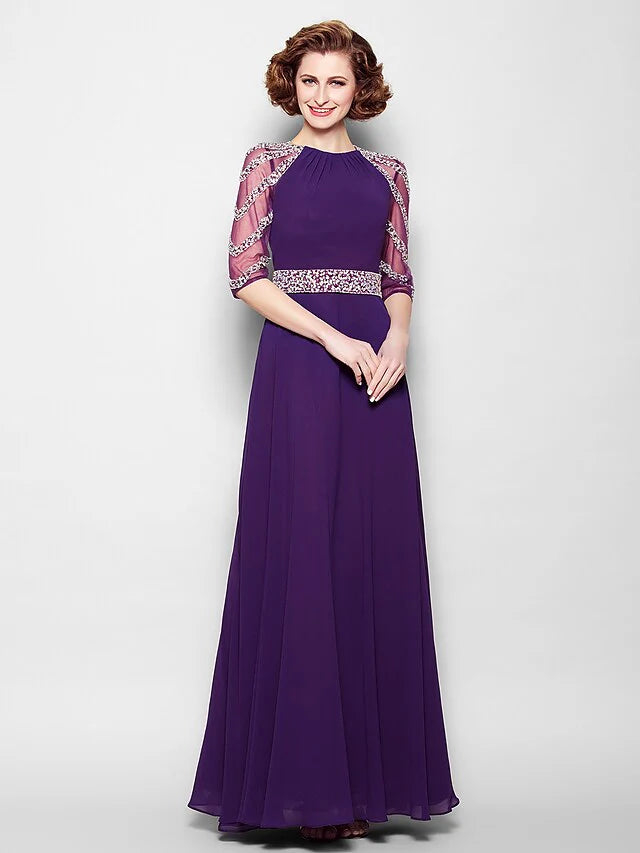 Wholesale A-Line Mother of the Bride Dress See Through Jewel Neck Floor Length Tulle Georgette Half Sleeve with Sash Ribbon Crystals Beading