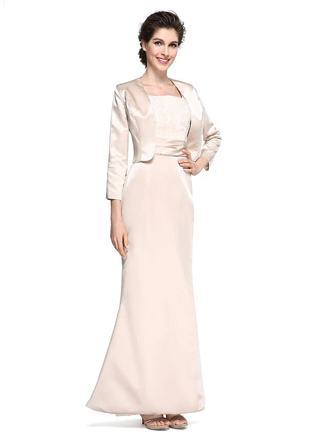 Wholesale Mother of the Bride Dress Elegant Square Neck Ankle Length Satin Length Sleeve with Lace Ruched