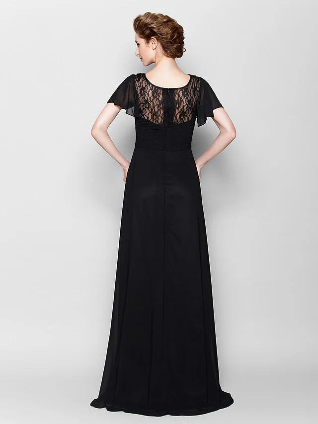 Wholesale A-Line Mother of the Bride Dress See Through Bateau Neck Floor Length Chiffon Short Sleeve with Beading